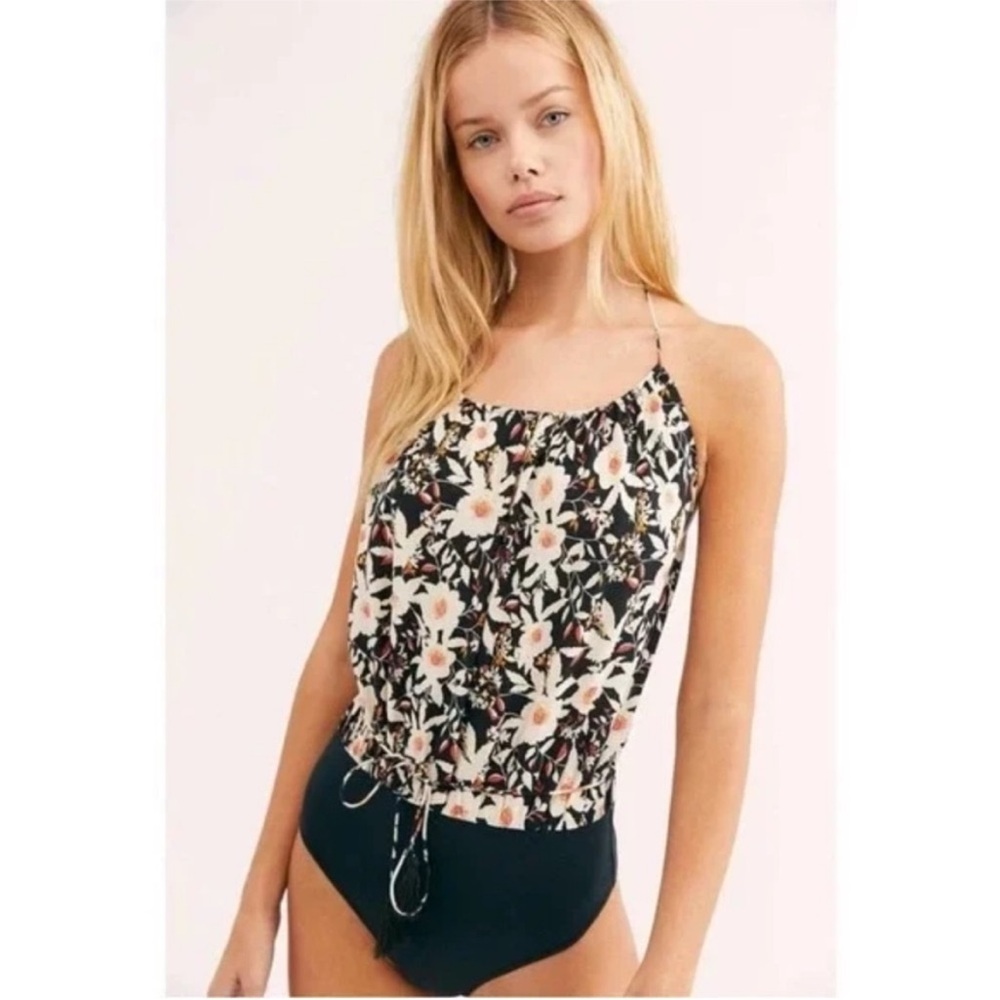 Intimately Free People Liza bodysuit black floral halter tassel tie snaps